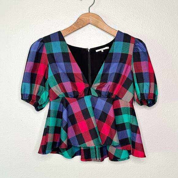 Tularosa Otis Black Multi Plaid Cropped Plunge Neckline Top women’s size small - Picture 2 of 14